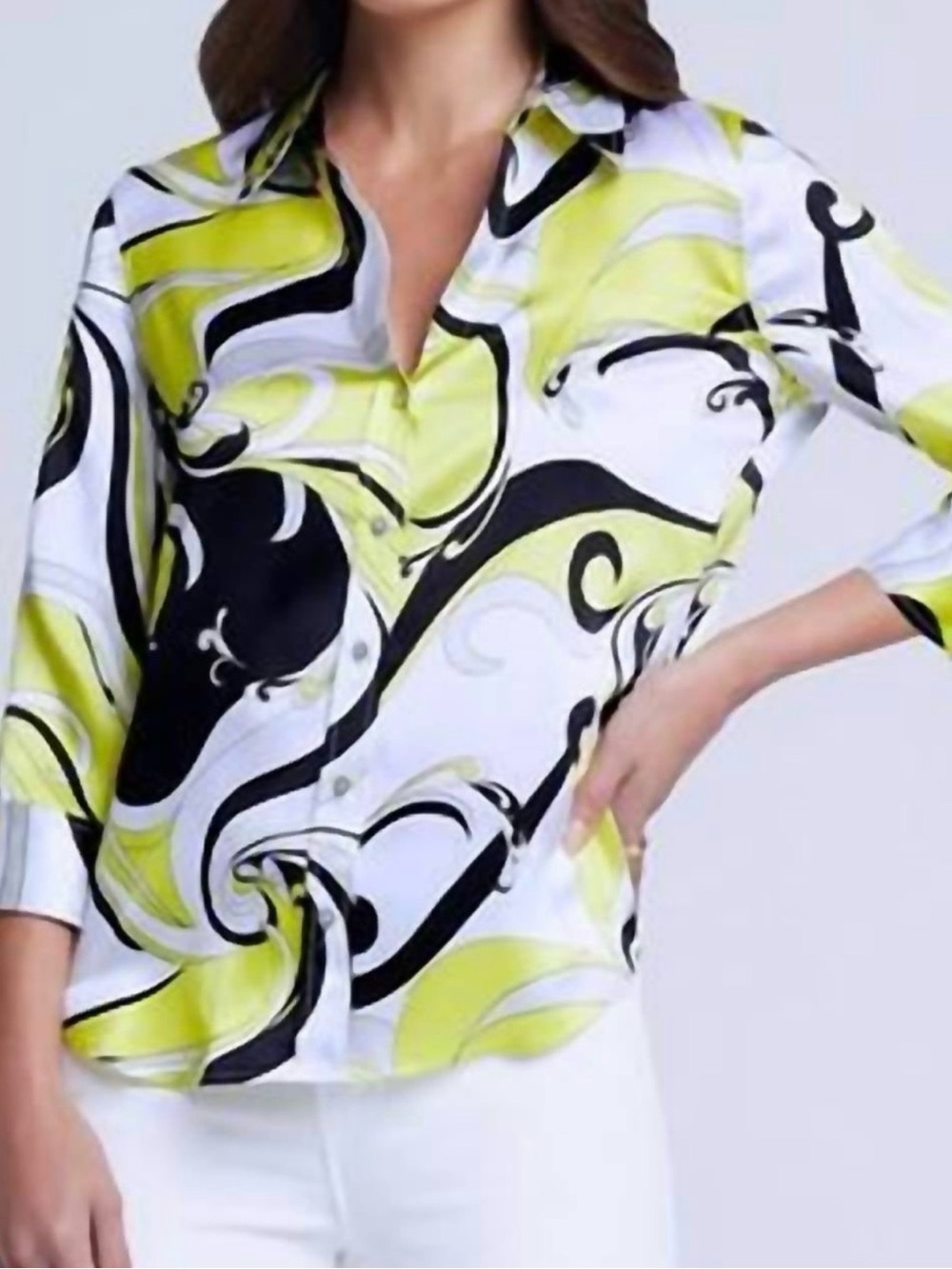 L'AGENCE Abstract Swirl Button-Down Shirt in Lime, Black & White